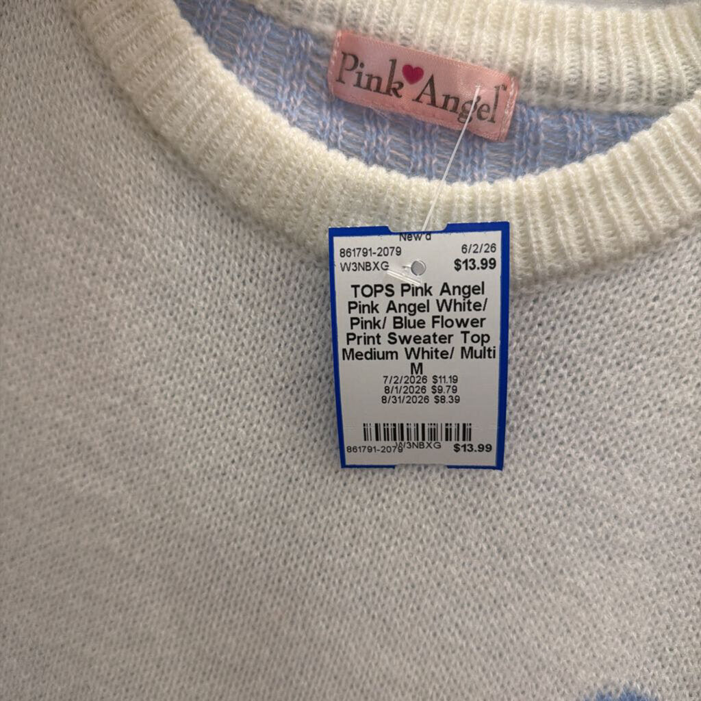 Pink Angel White/ Pink/ Blue Flower Print Sweater Top Medium
