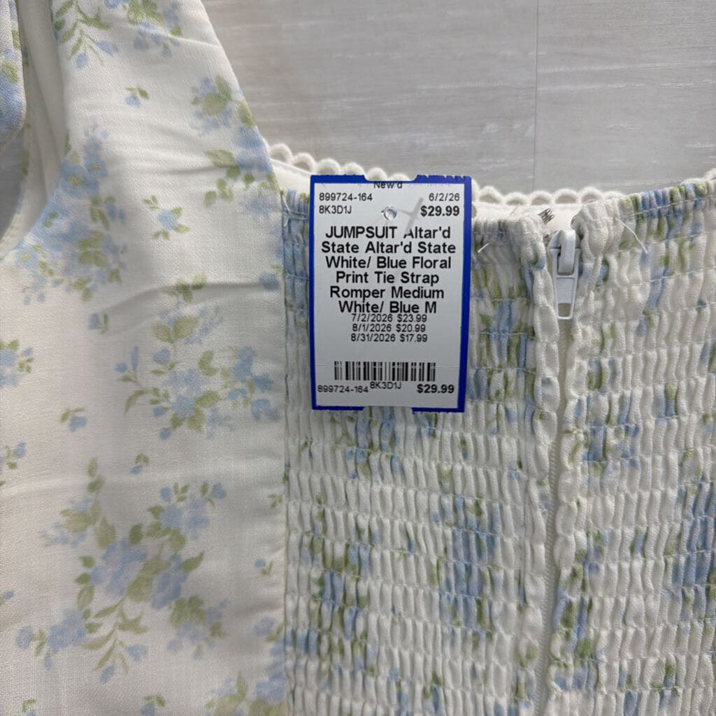 Altar'd State White/ Blue Floral Print Tie Strap Romper Medium
