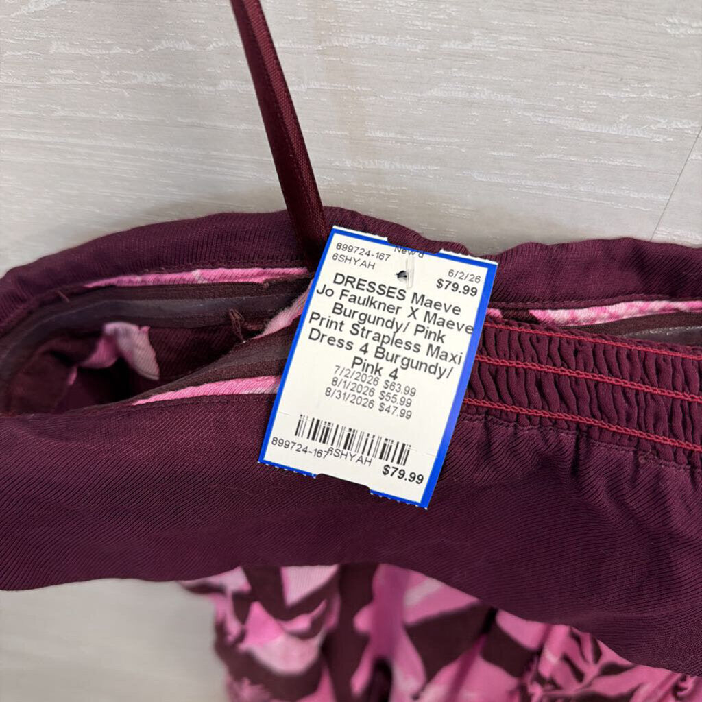 Jo Faulkner X Maeve Burgundy/ Pink Print Strapless Maxi Dress 4