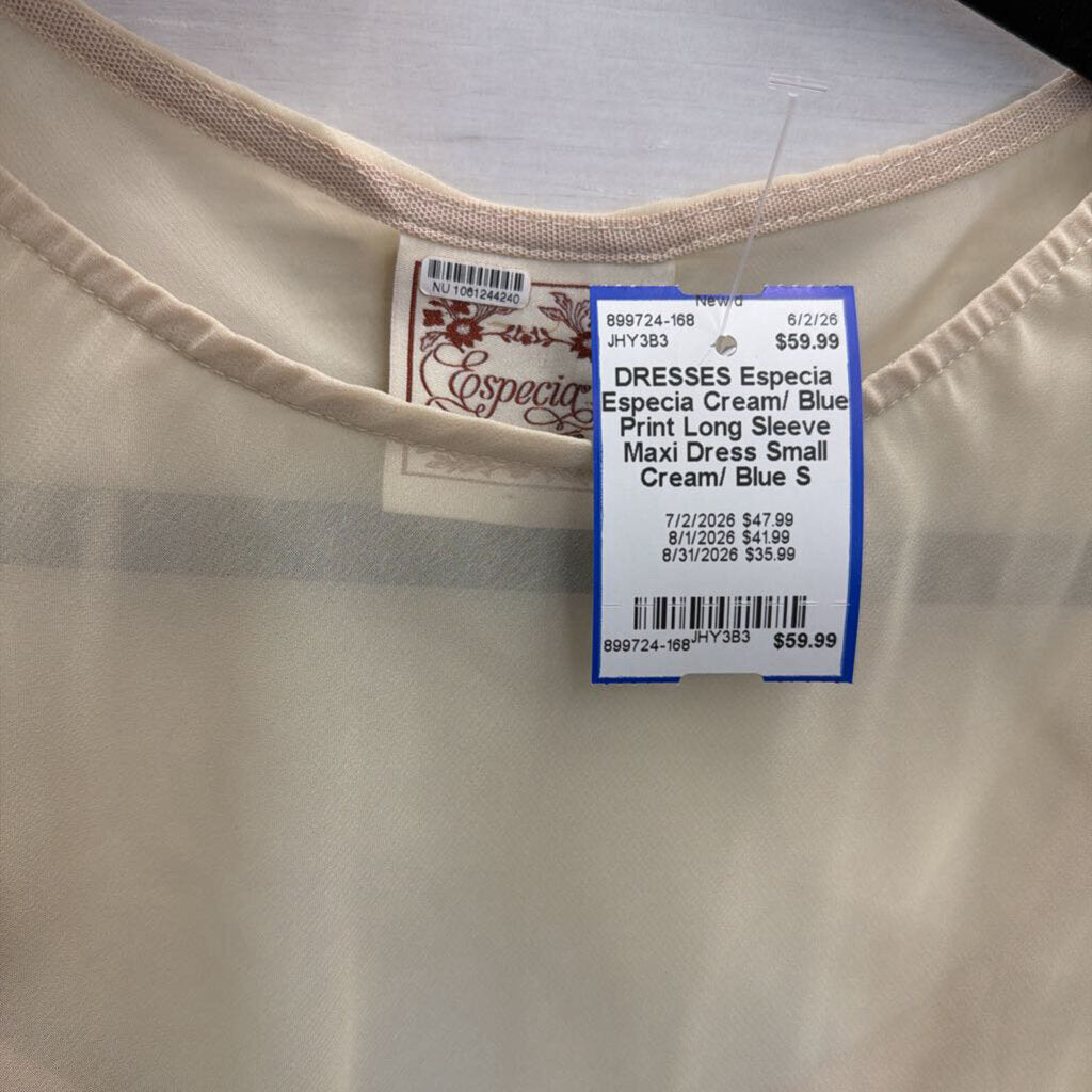 Especia Cream/ Blue Print Long Sleeve Maxi Dress Small