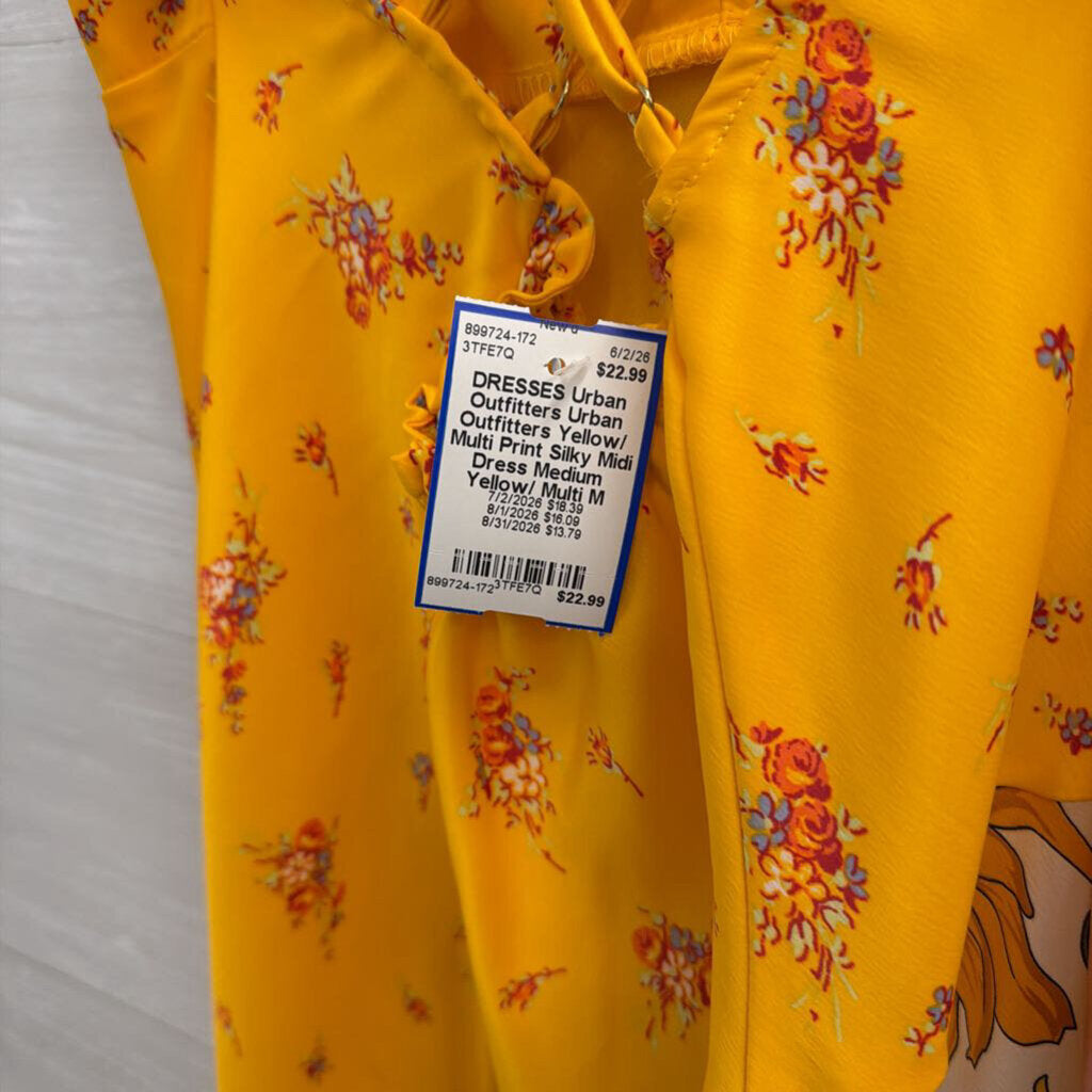 Urban Outfitters Yellow/ Multi Print Silky Midi Dress Medium