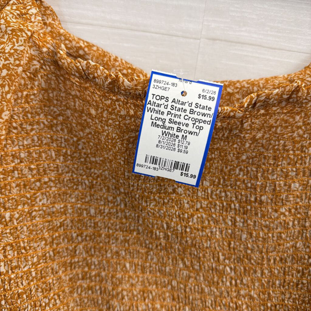 Altar'd State Brown/ White Print Cropped Long Sleeve Top Medium