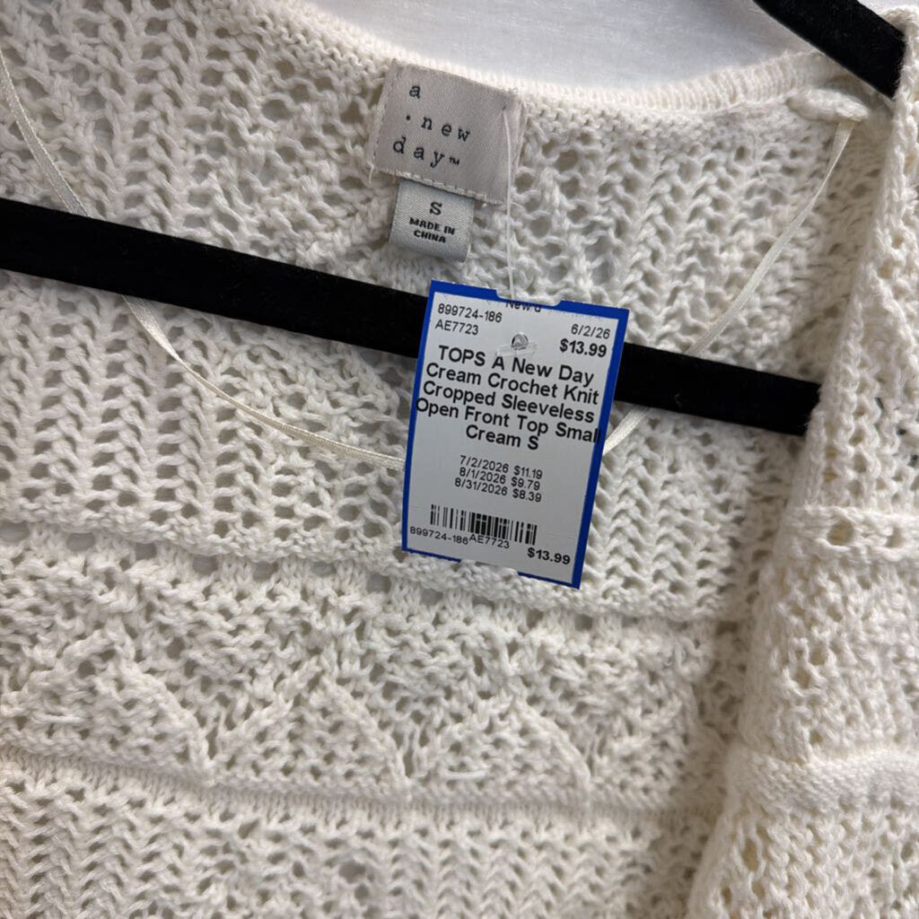 Cream Crochet Knit Cropped Sleeveless Open Front Top Small