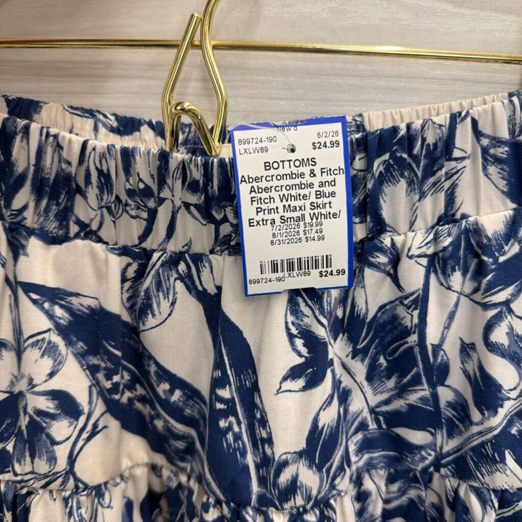 Abercrombie and Fitch White/ Blue Print Maxi Skirt Extra Small