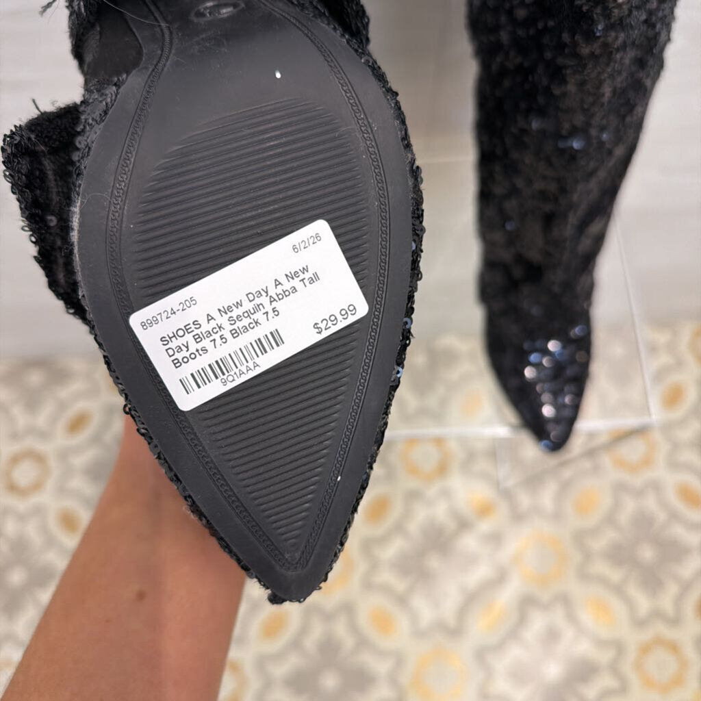 A New Day Black Sequin Abba Tall Boots 7.5