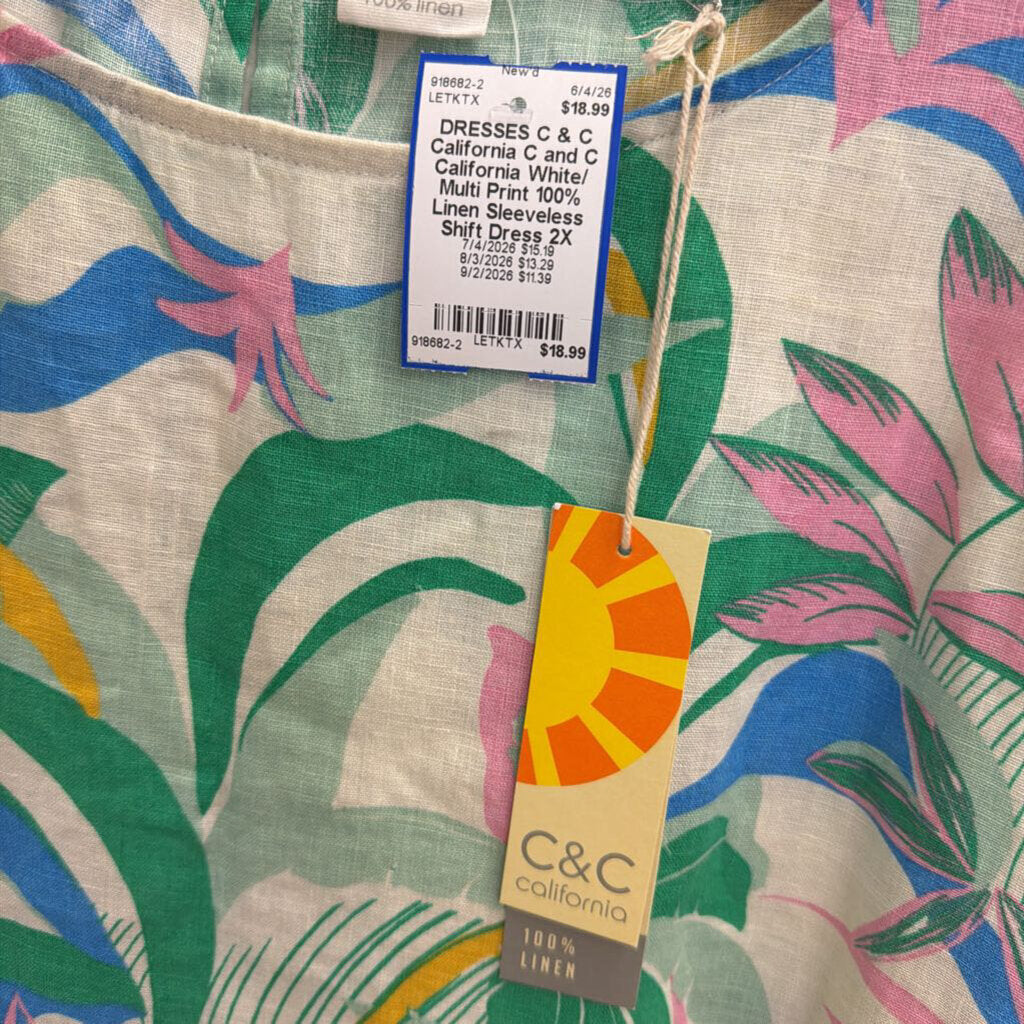 C and C California White/ Multi Print 100% Linen Sleeveless Shift Dress 2X