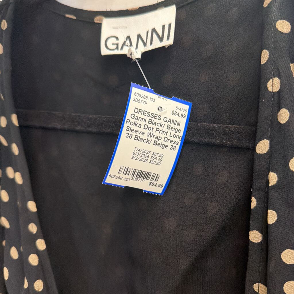 Ganni Black/ Beige Polka Dot Print Long Sleeve Wrap Dress 38