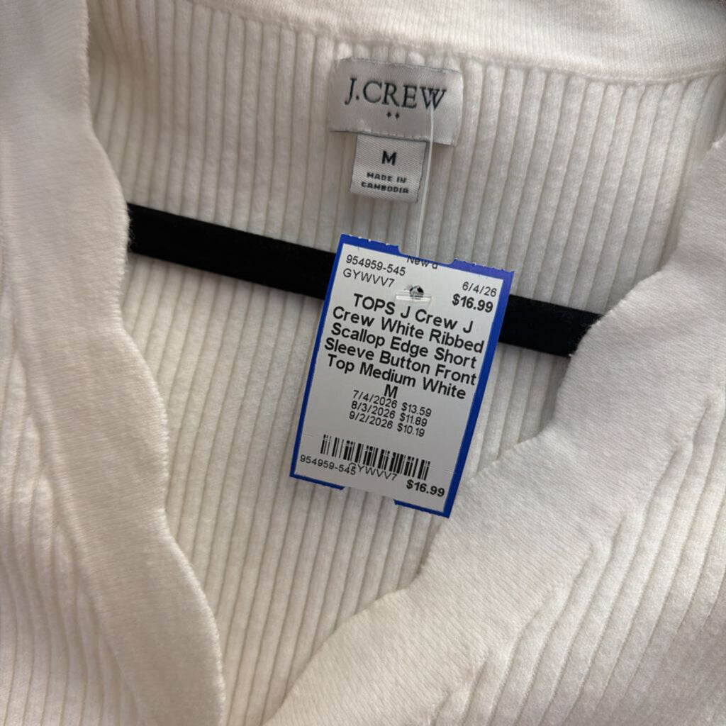 J Crew White Ribbed Scallop Edge Short Sleeve Button Front Top Medium
