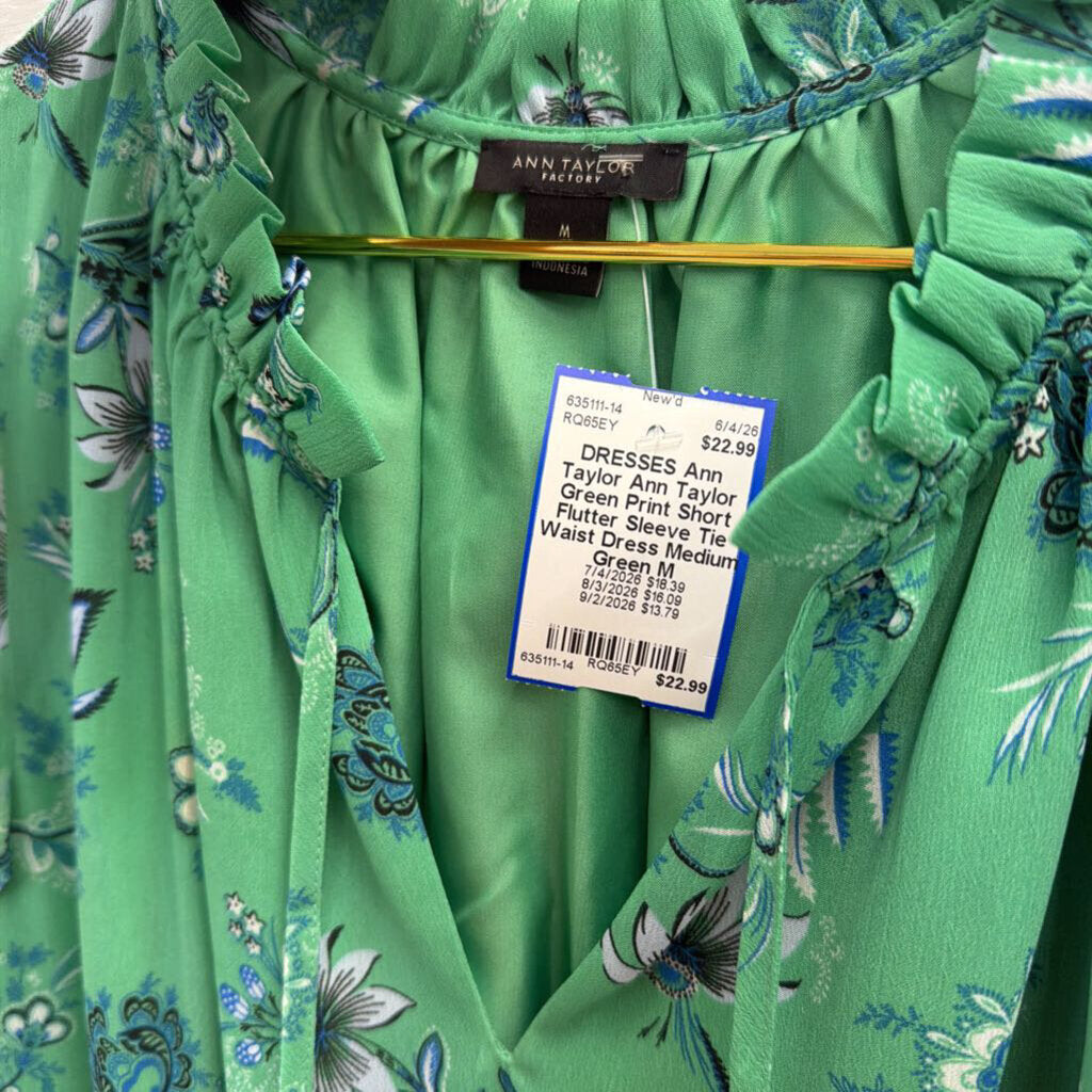 Ann Taylor Green Print Short Flutter Sleeve Tie Waist Dress Medium
