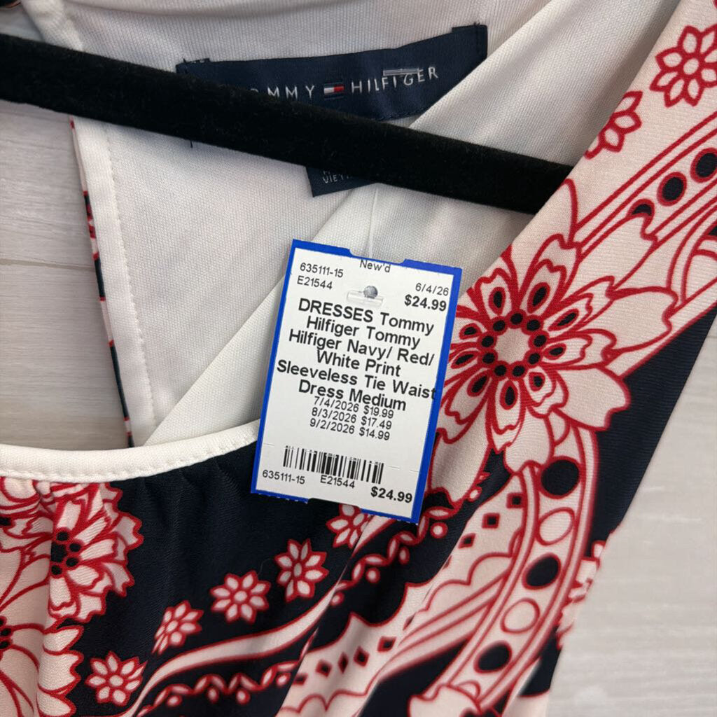 Tommy Hilfiger Navy/ Red/ White Print Sleeveless Tie Waist Dress Medium
