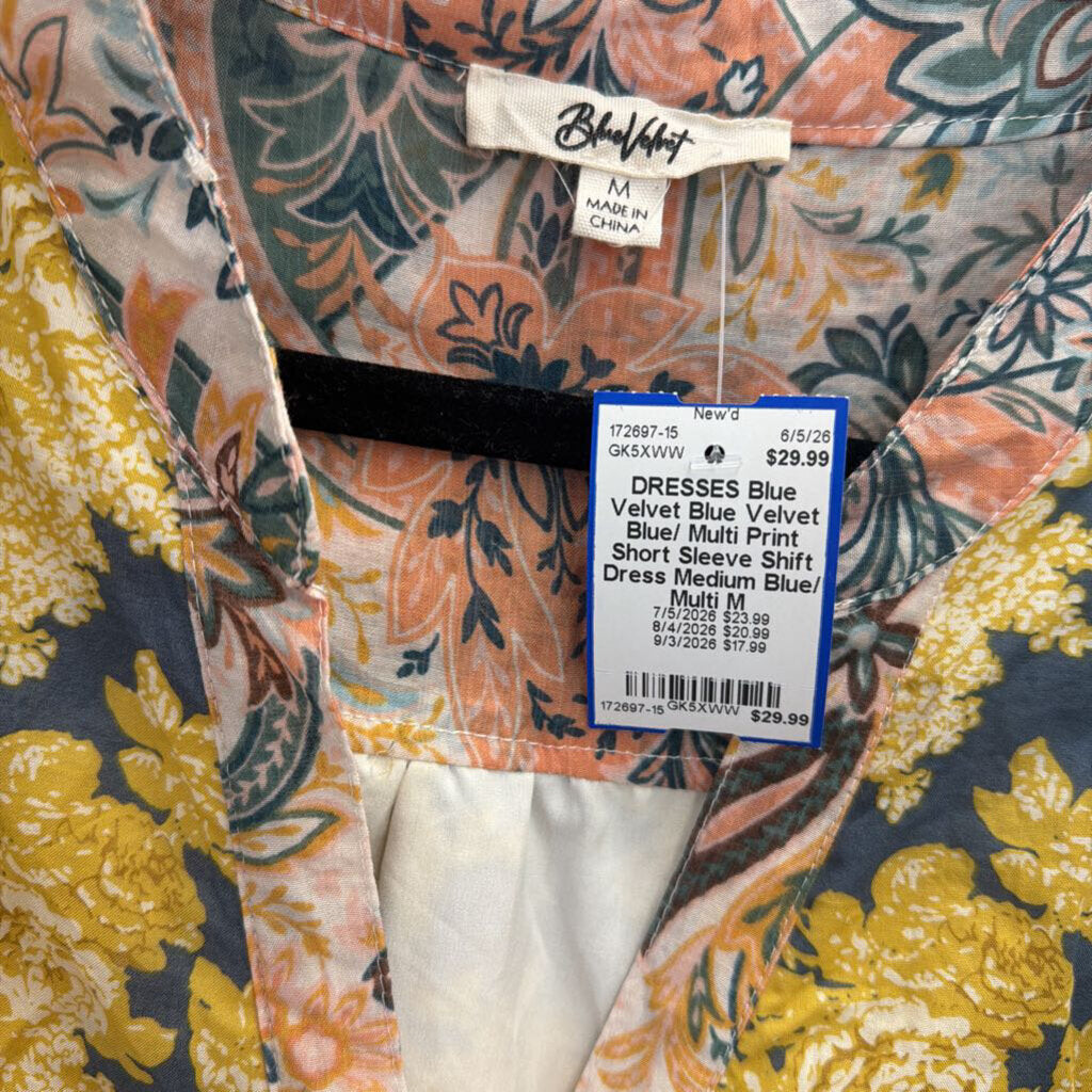 Blue Velvet Blue/ Multi Print Short Sleeve Shift Dress Medium