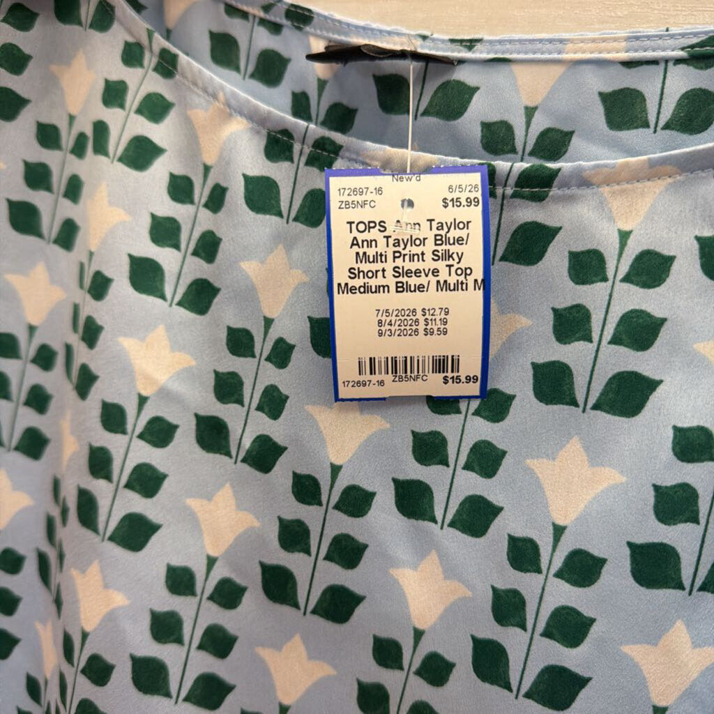 Ann Taylor Blue/ Multi Print Silky Short Sleeve Top Medium