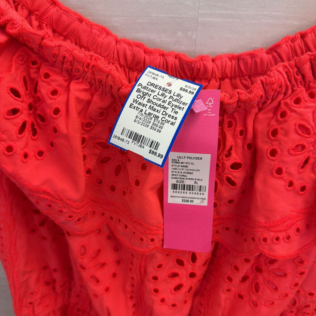 Lilly Pultizer Bright Coral Eyelet Off Shoulder Tie Waist Maxi Dress Extra Large