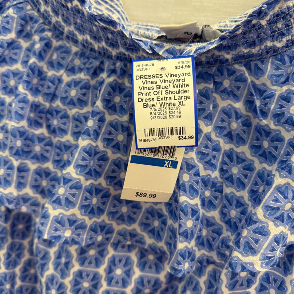 Vineyard Vines Blue/ White Print Off Shoulder Dress Extra Large