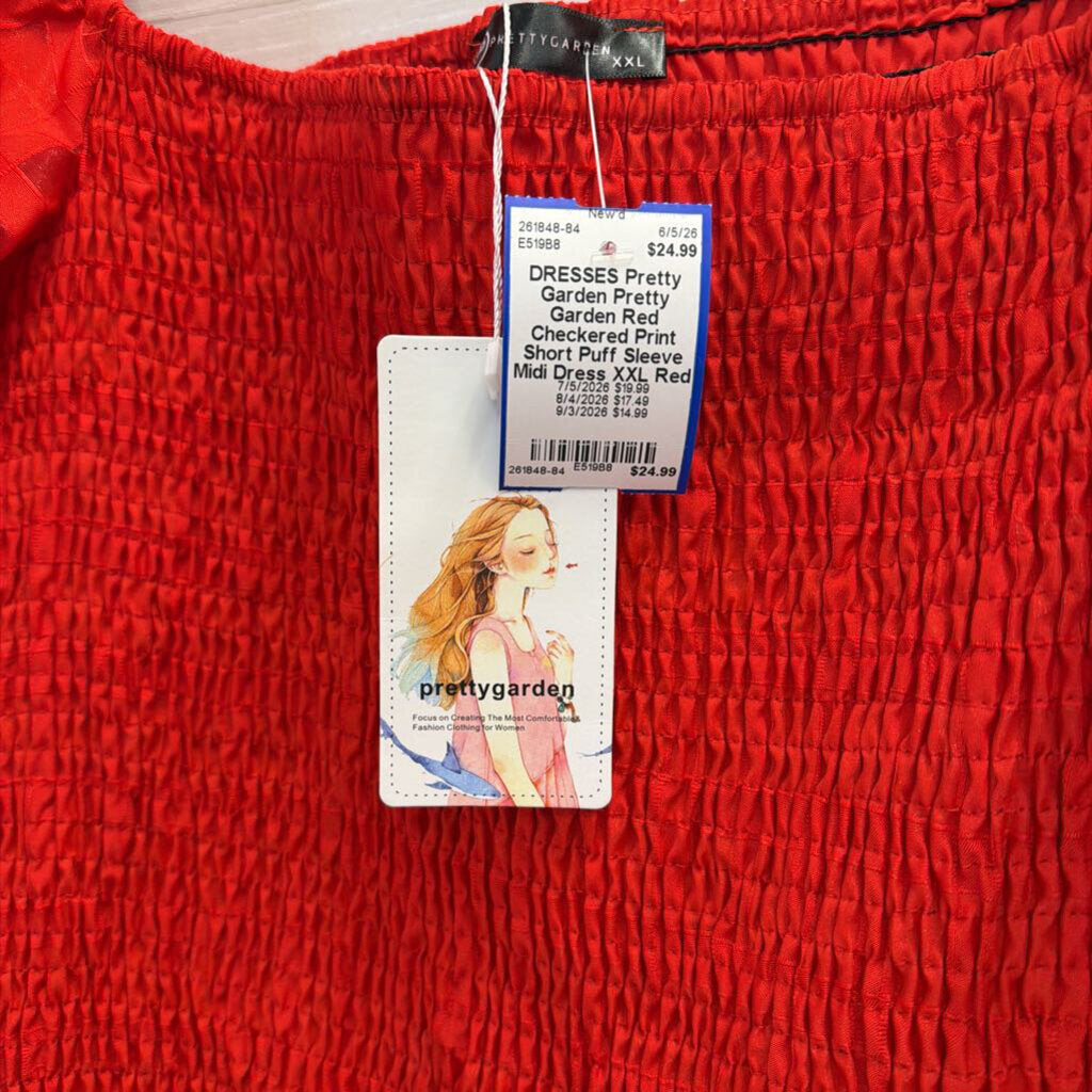 Pretty Garden Red Checkered Print Short Puff Sleeve Midi Dress XXL