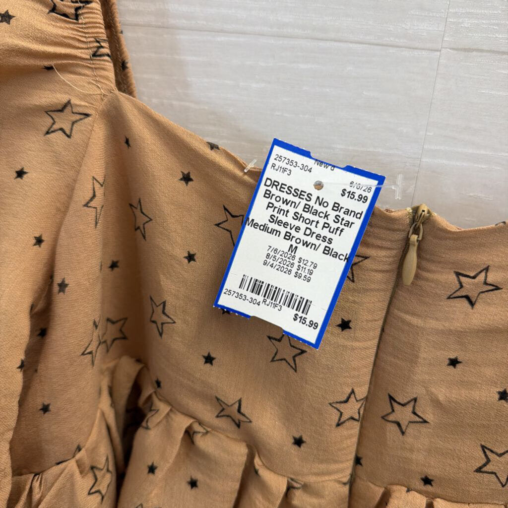 Brown/ Black Star Print Short Puff Sleeve Dress Medium