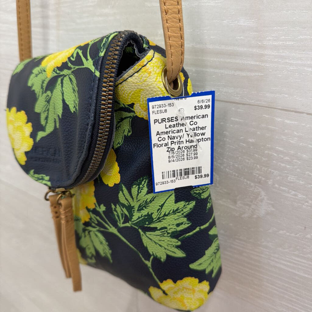 American Leather Co Navy/ Yellow Floral Print Hampton Zip Around Crossbody Purse