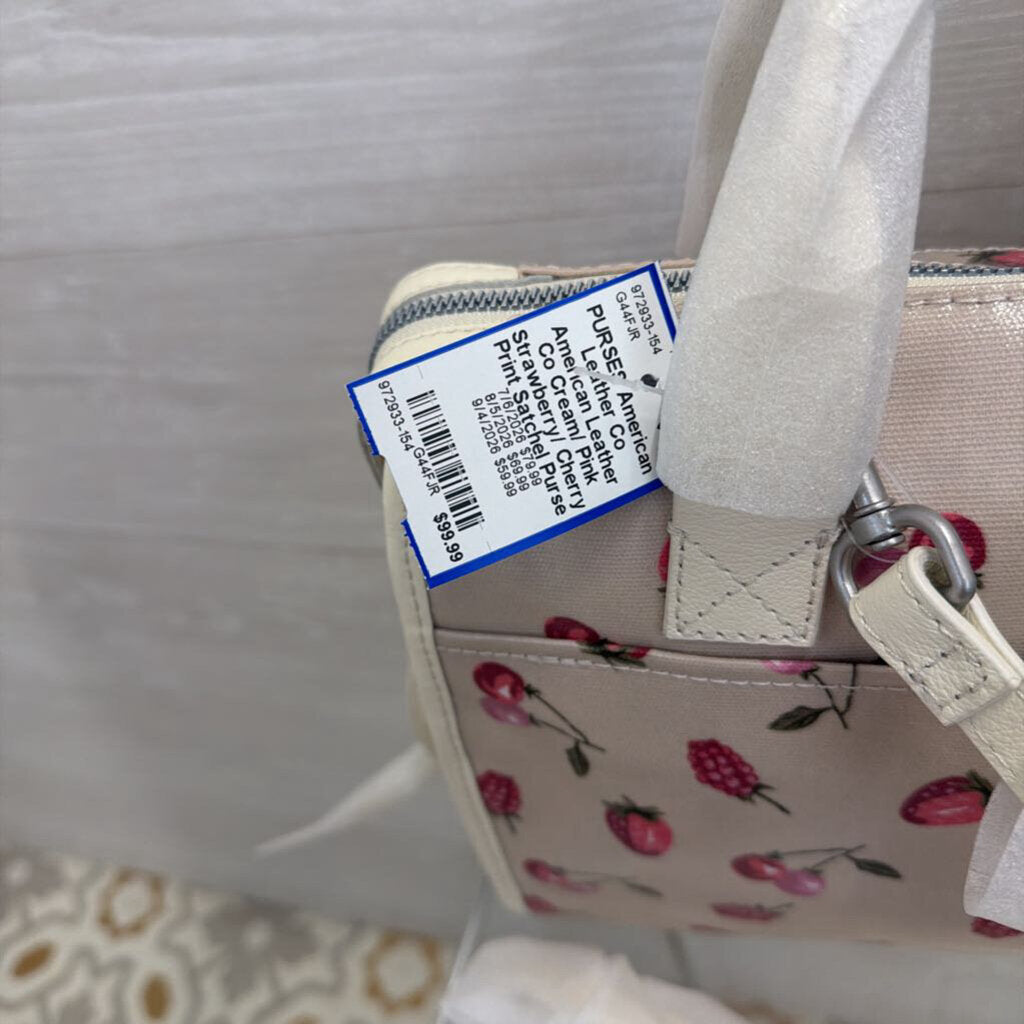 American Leather Co Cream/ Pink Strawberry/ Cherry Print Satchel Purse