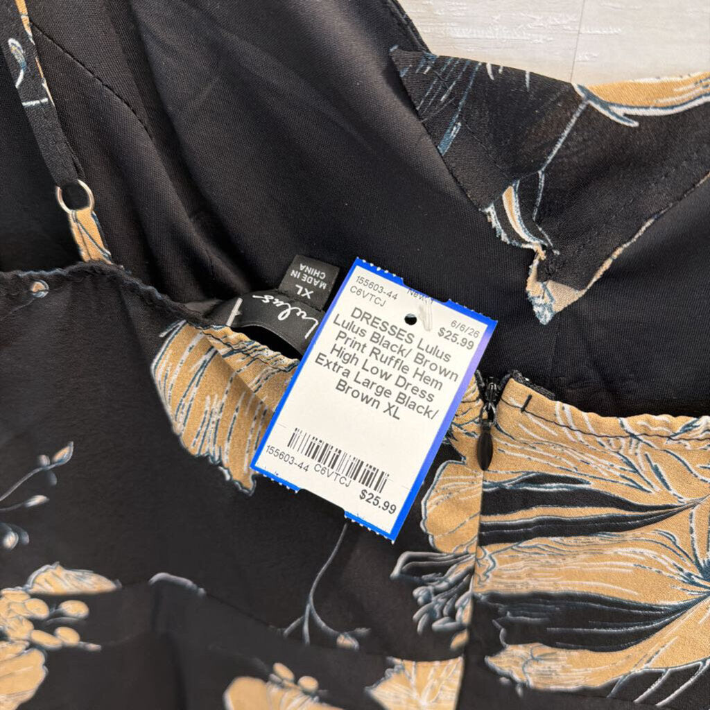Lulus Black/ Brown Print Ruffle Hem High Low Dress Extra Large