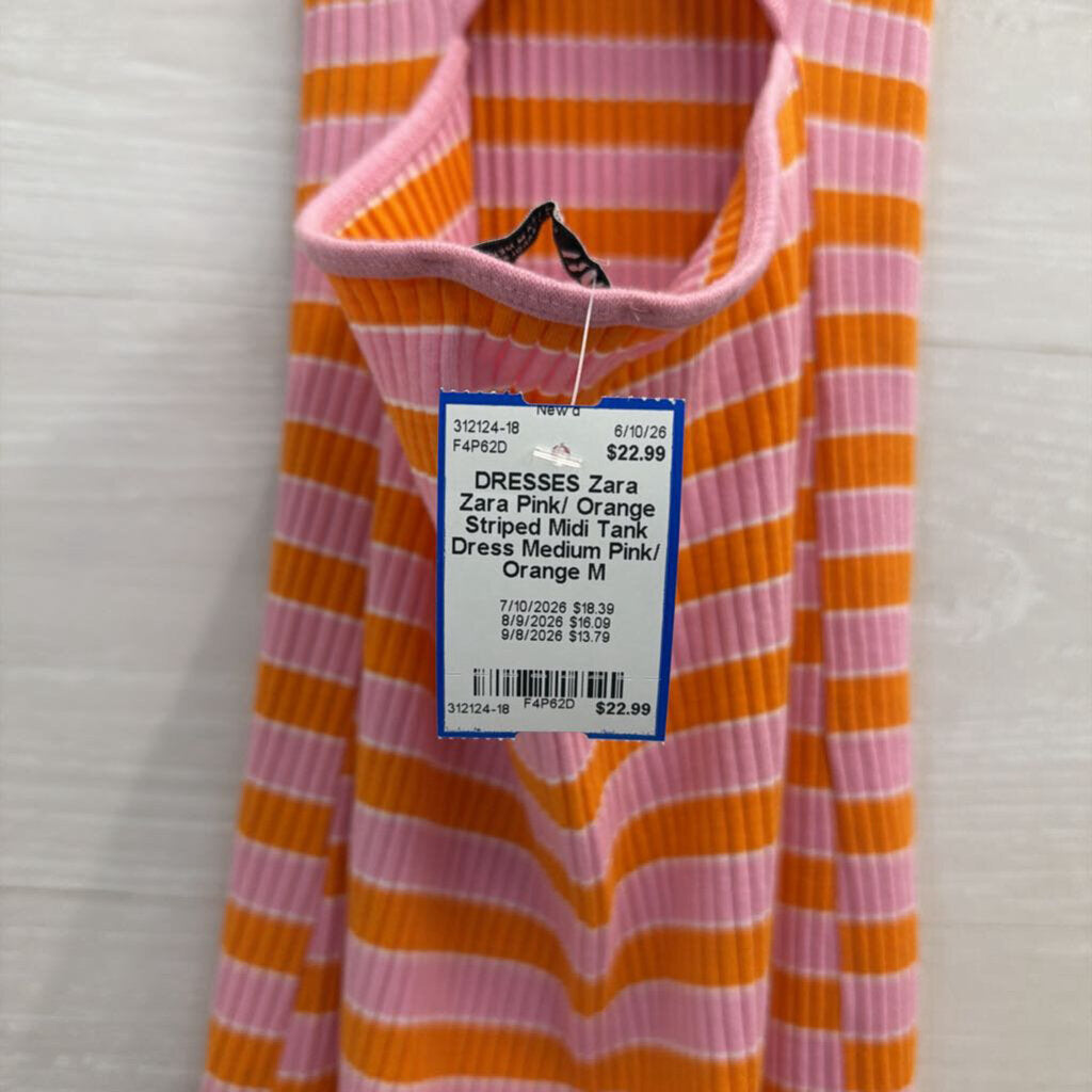 Zara Pink/ Orange Striped Midi Tank Dress Medium