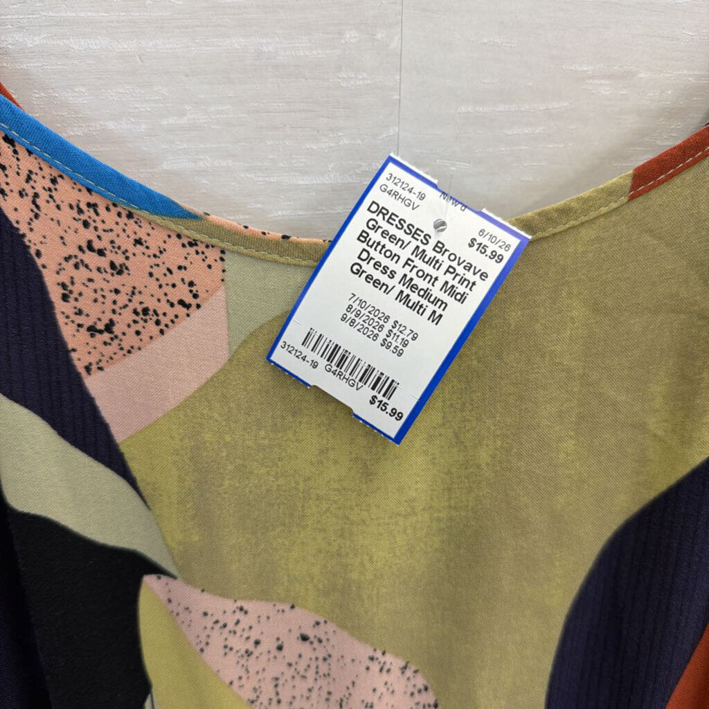 Green/ Multi Print Button Front Midi Dress Medium
