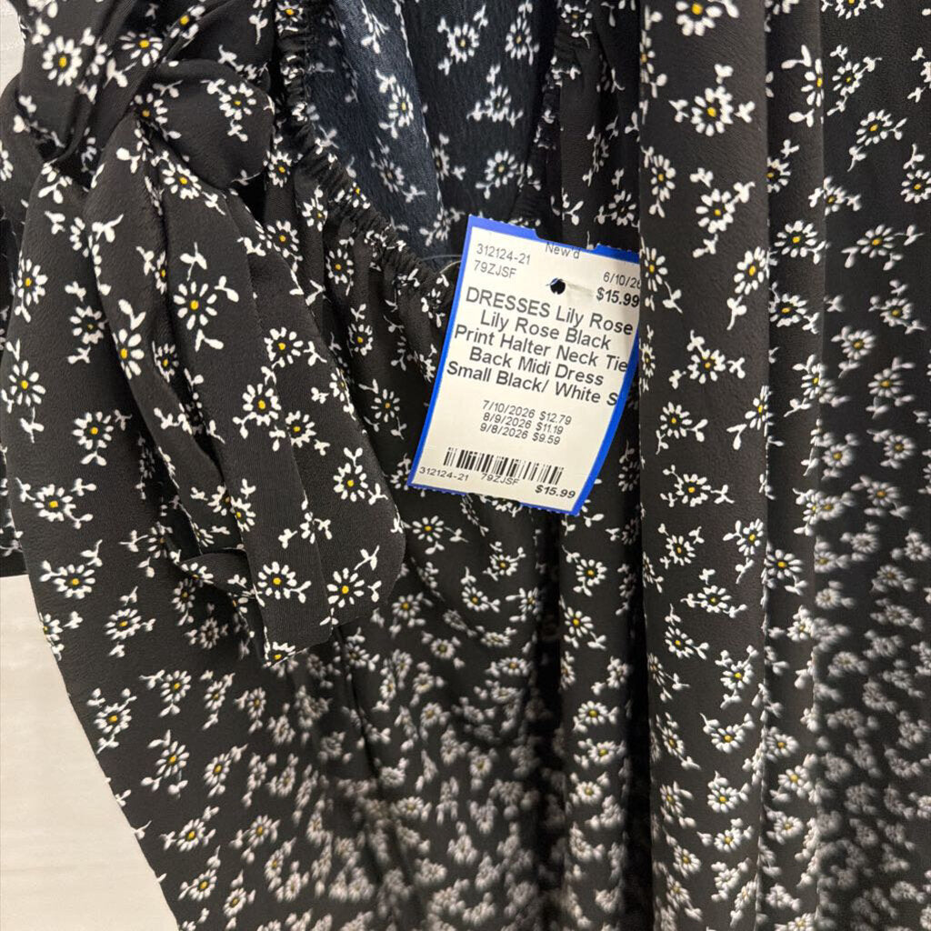 Lily Rose Black Print Halter Neck Tie Back Midi Dress Small