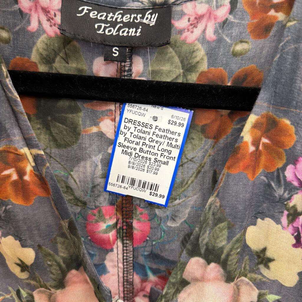 Feathers by Tolani Grey/ Multi Floral Print Long Sleeve Button Front Midi Dress Small