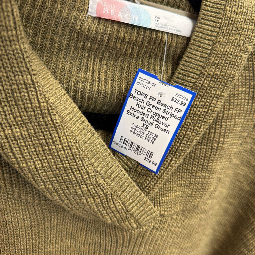 FP Beach Green Striped Knit Cropped Hooded Pullover Extra Small