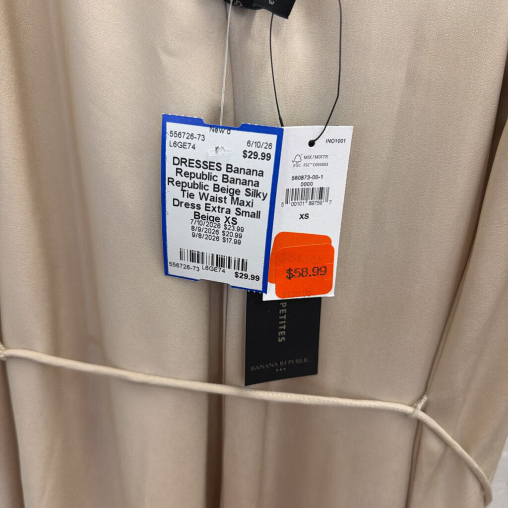 Banana Republic Beige Silky Tie Waist Maxi Dress Extra Small