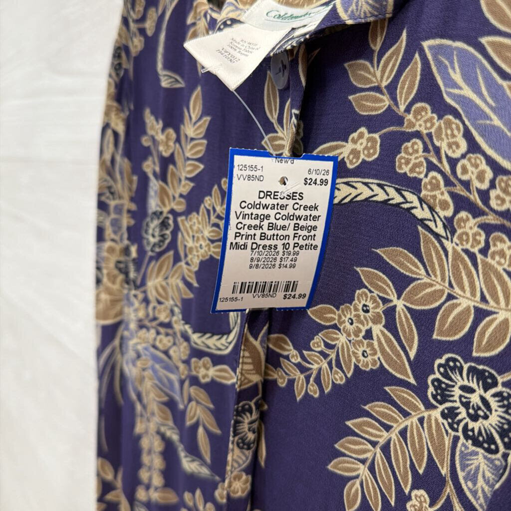 Vintage Coldwater Creek Blue/ Beige Print Button Front Midi Dress 10 Petite