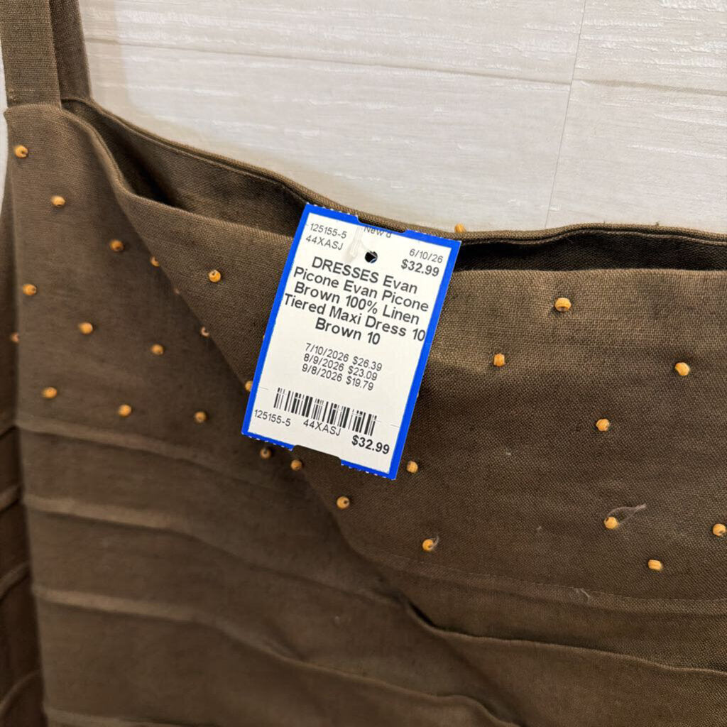 Evan Picone Brown 100% Linen Tiered Maxi Dress 10