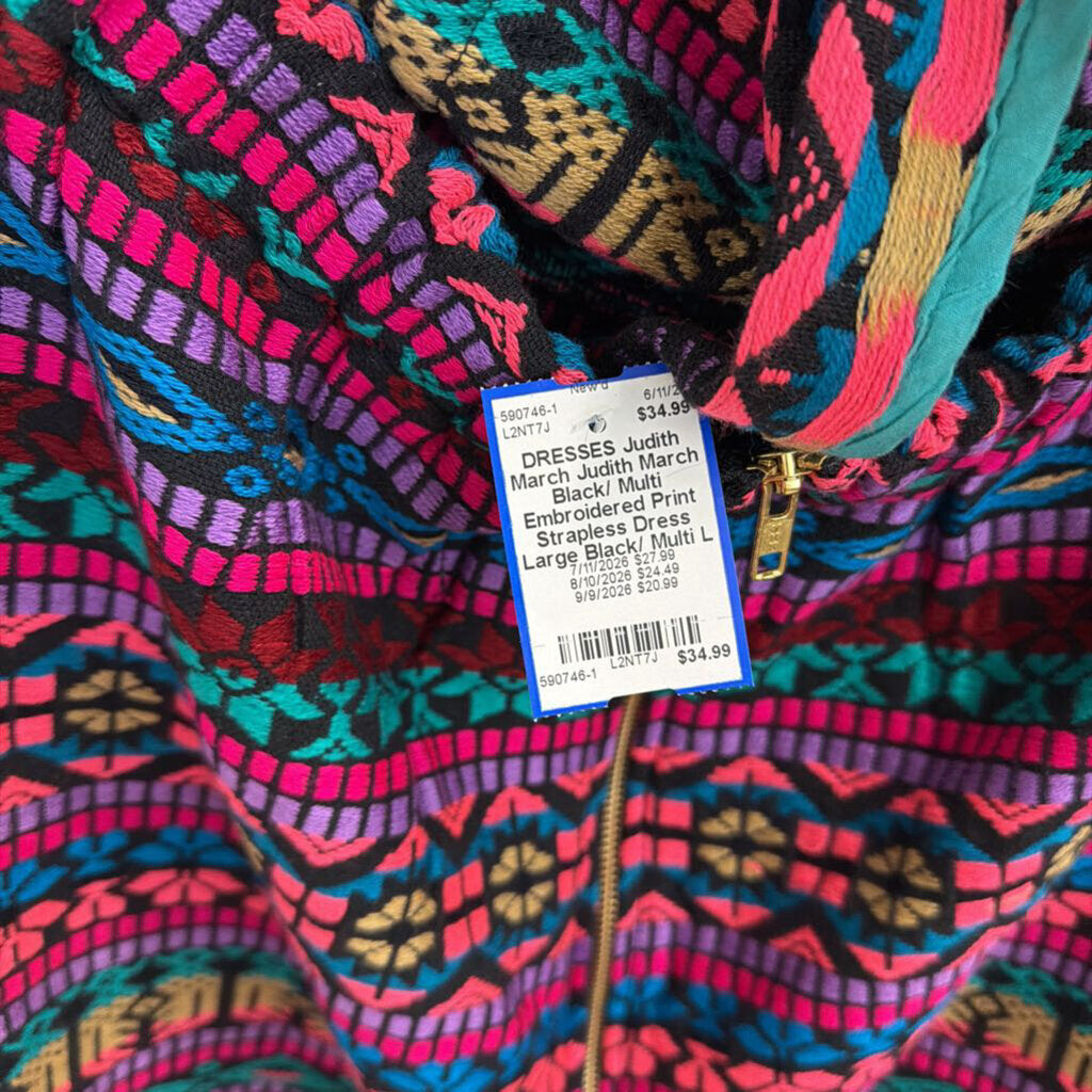 Judith March Black/ Multi Embroidered Print Strapless Dress Large