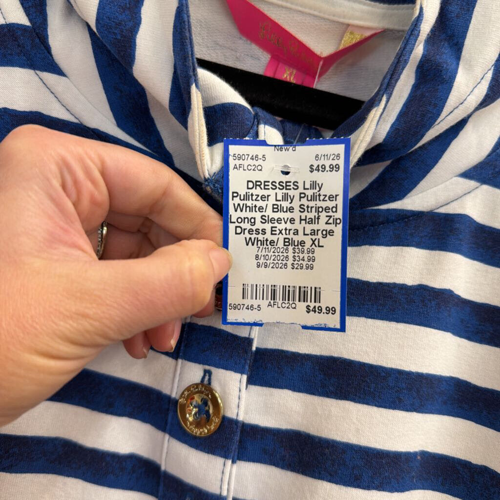 Lilly Pulitzer White/ Blue Striped Long Sleeve Half Zip Dress Extra Large