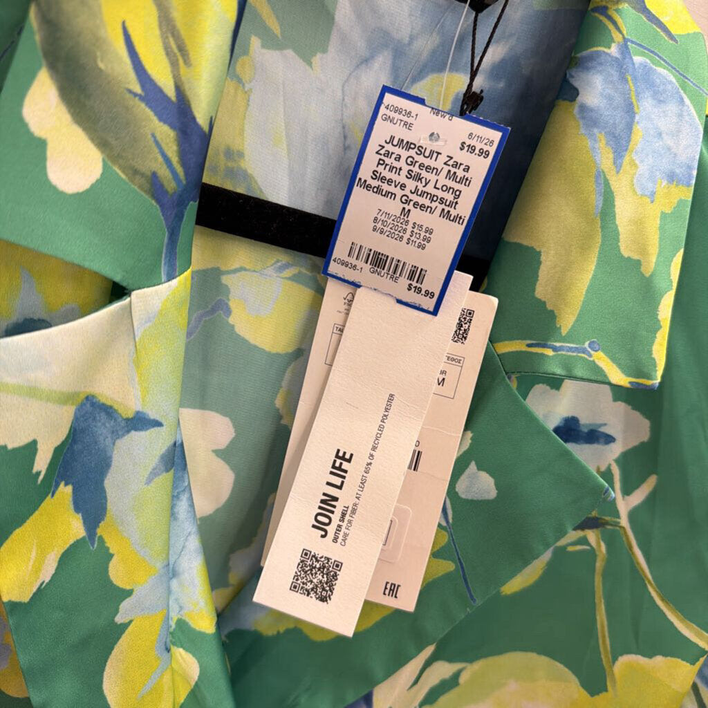 Zara Green/ Multi Print Silky Long Sleeve Jumpsuit Medium