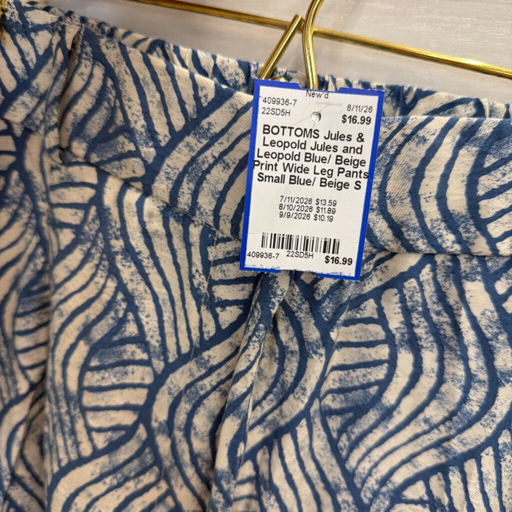 Jules and Leopold Blue/ Beige Print Wide Leg Pants Small