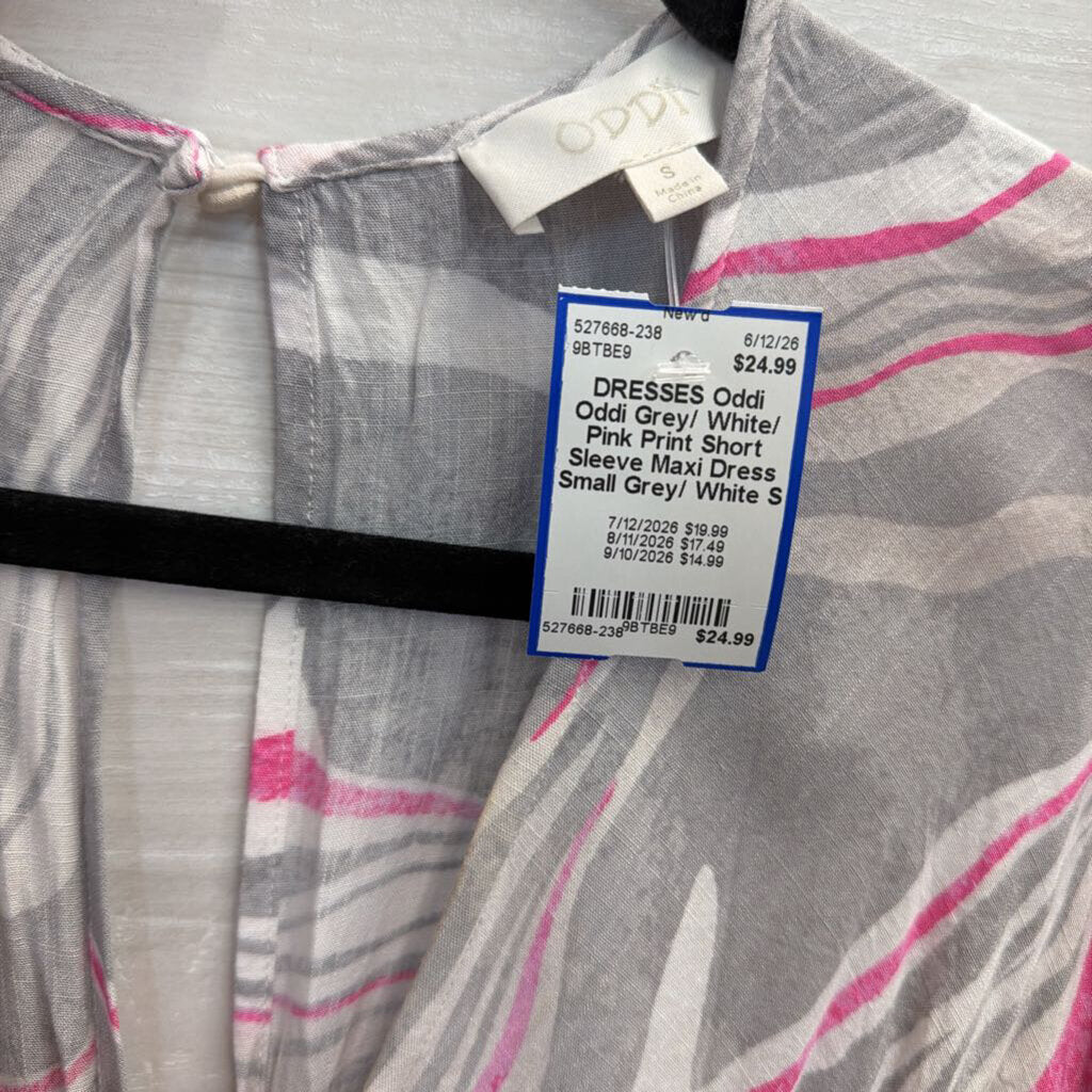 Oddi Grey/ White/ Pink Print Short Sleeve Maxi Dress Small