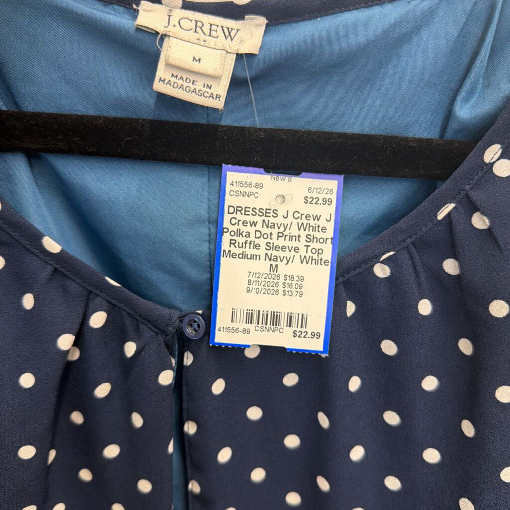 J Crew Navy/ White Polka Dot Print Short Ruffle Sleeve Top Medium