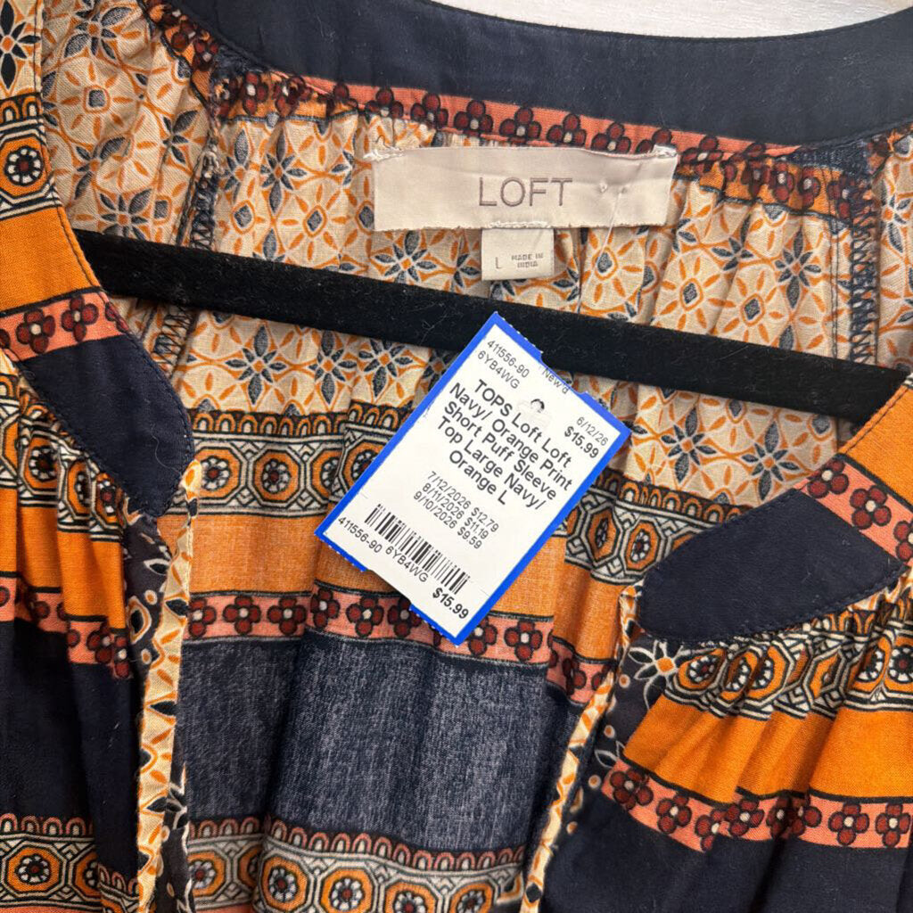 Loft Navy/ Orange Print Short Puff Sleeve Top Large