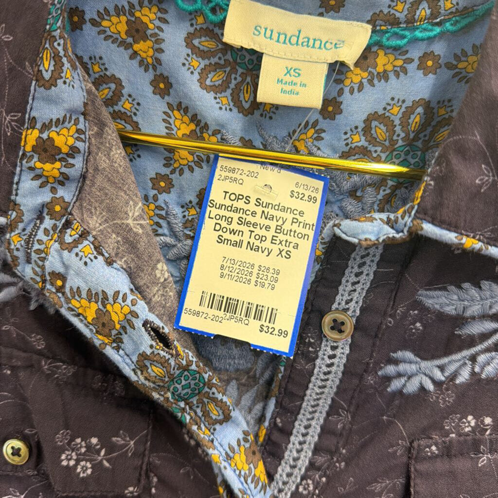 Sundance Navy Print Long Sleeve Button Down Top Extra Small
