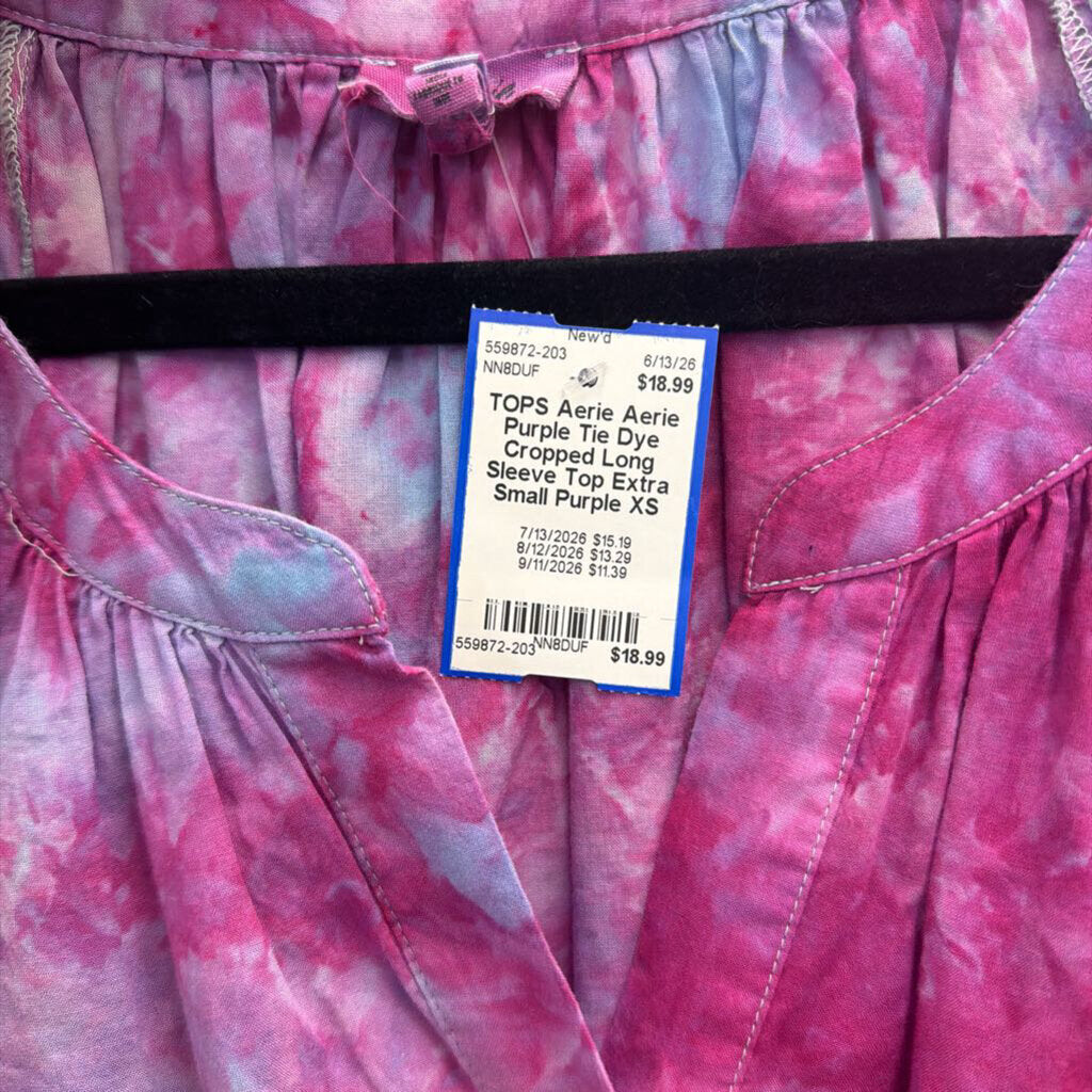 Aerie Purple Tie Dye Cropped Long Sleeve Top Extra Small