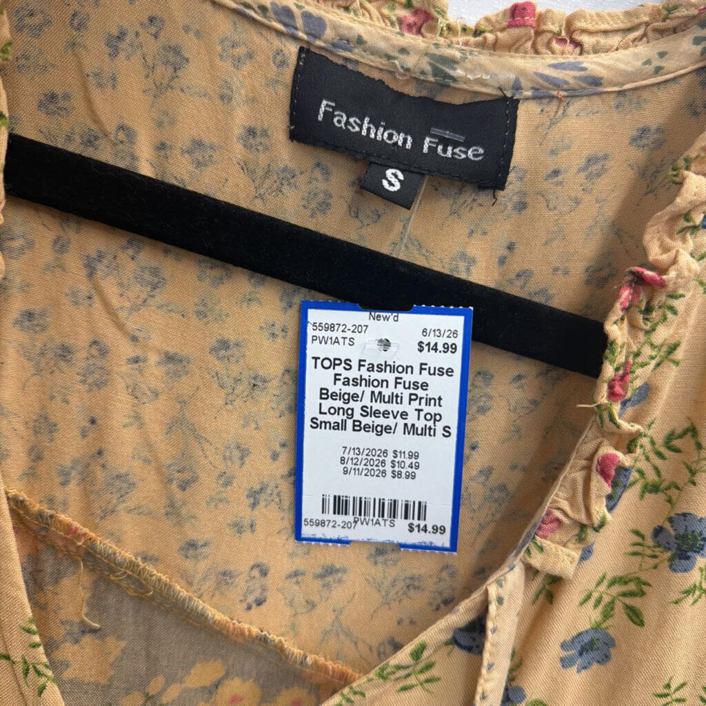 Fashion Fuse Beige/ Multi Print Long Sleeve Top Small