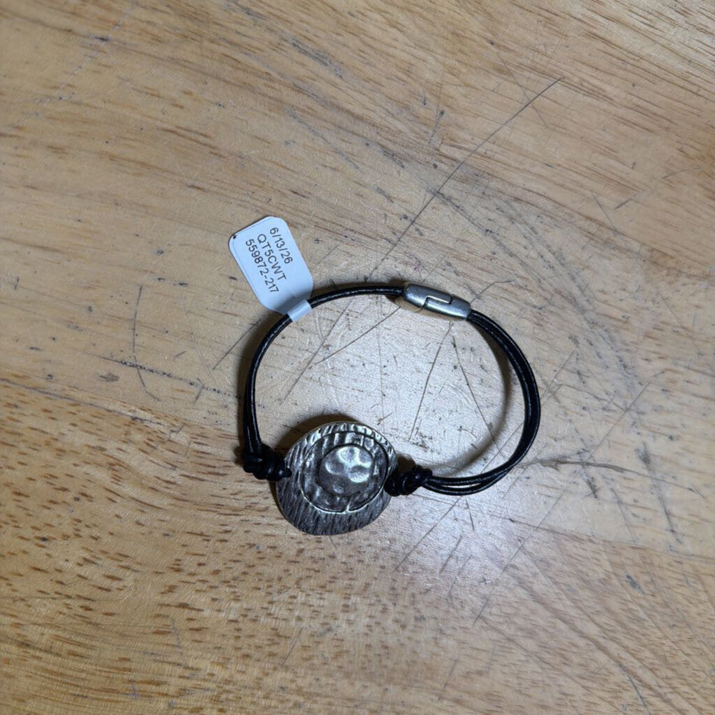 Black Coated Leather Silver Circle Bracelet