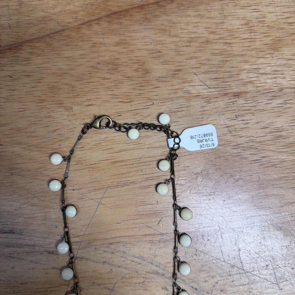 Bronze/ White Beaded Dangle Peace Sign Necklace
