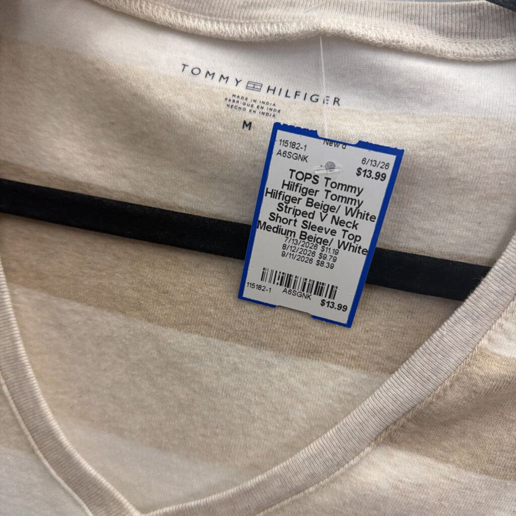 Tommy Hilfiger Beige/ White Striped V Neck Short Sleeve Top Medium