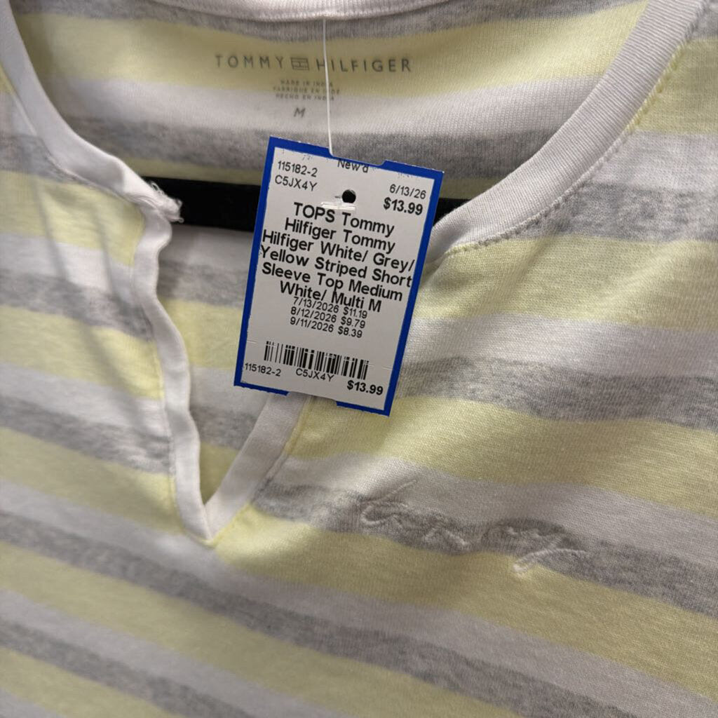 Tommy Hilfiger White/ Grey/ Yellow Striped Short Sleeve Top Medium
