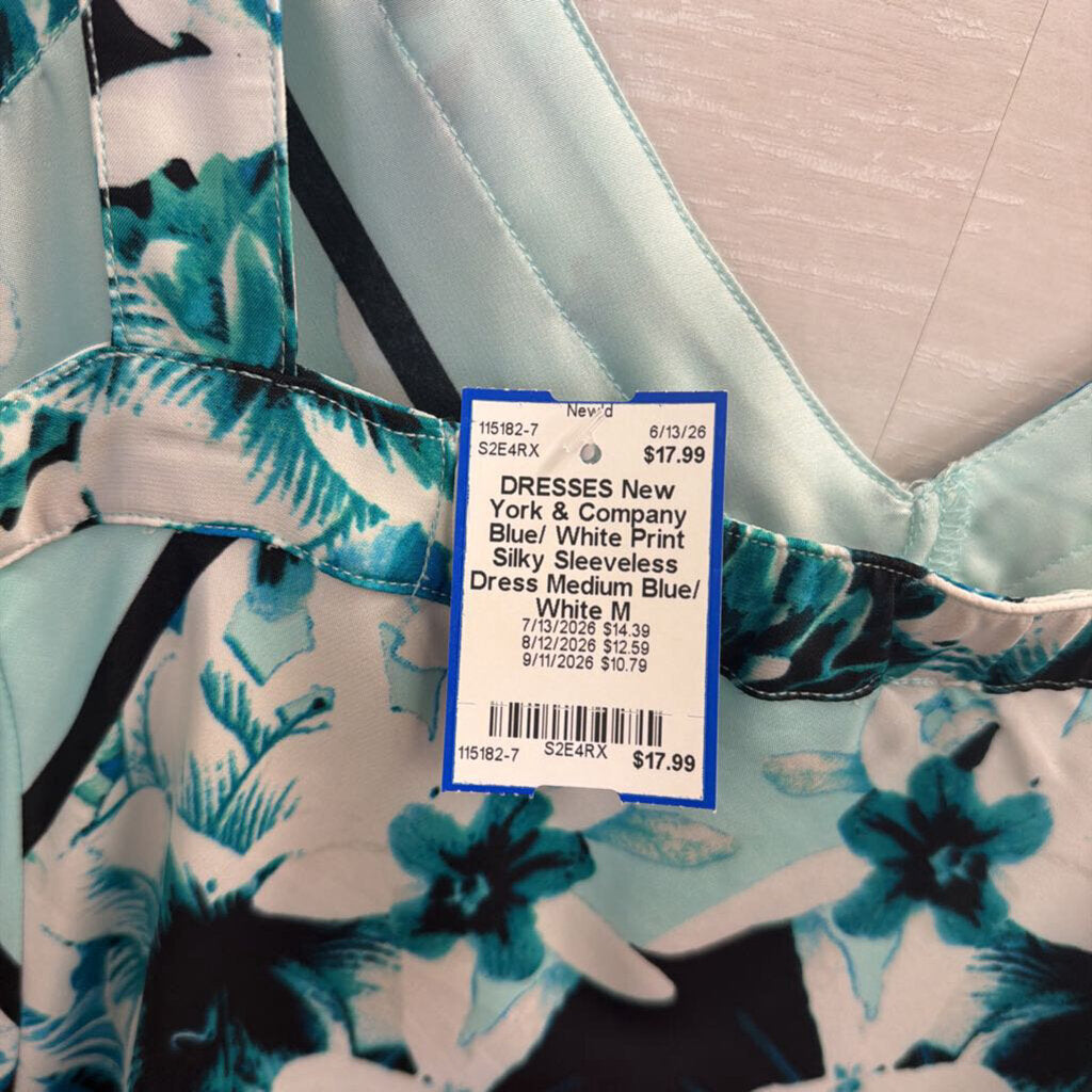 Blue/ White Print Silky Sleeveless Dress Medium