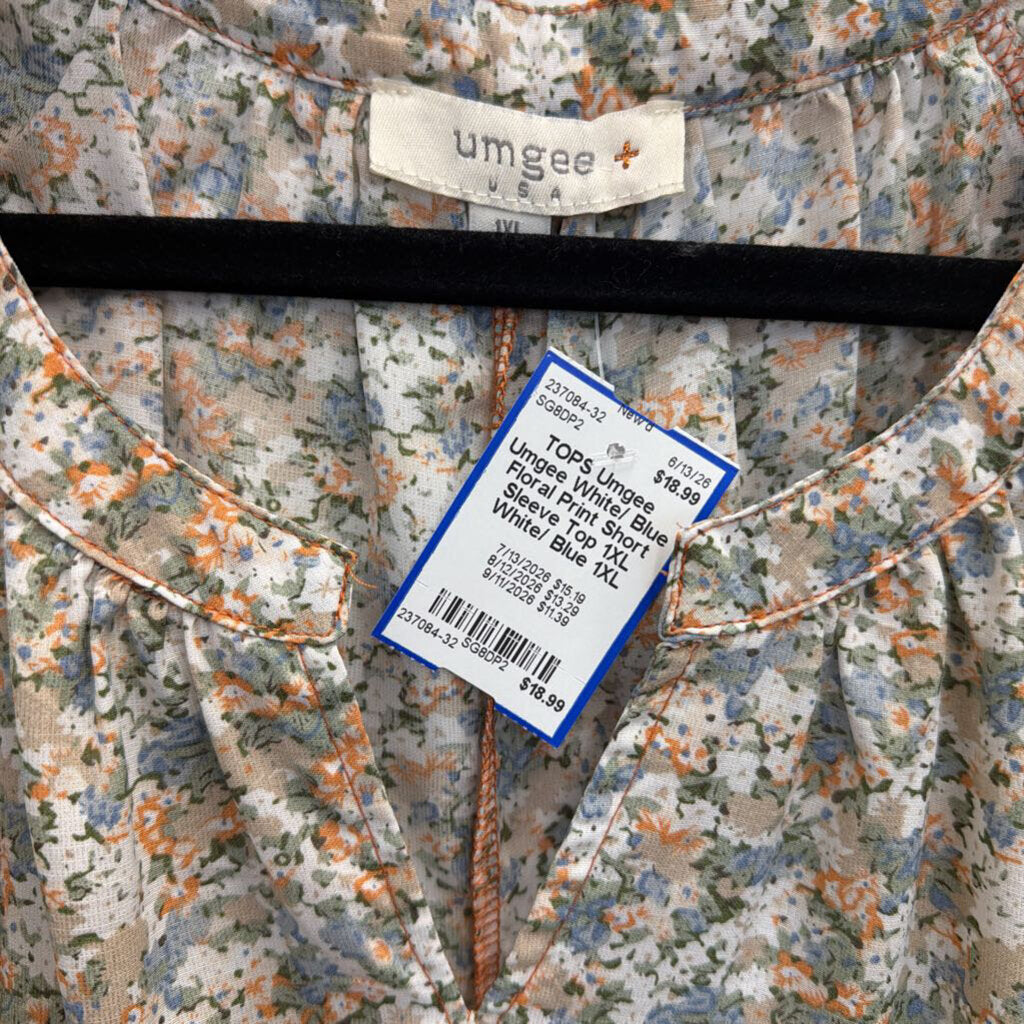 Umgee White/ Blue Floral Print Short Sleeve Top 1XL