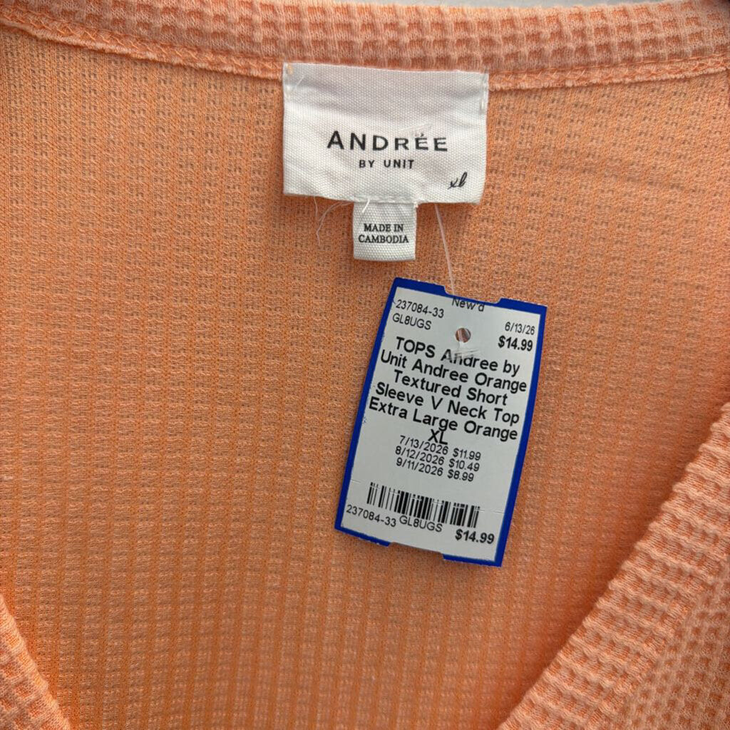 Andree Orange Textured Short Sleeve V Neck Top Extra Large