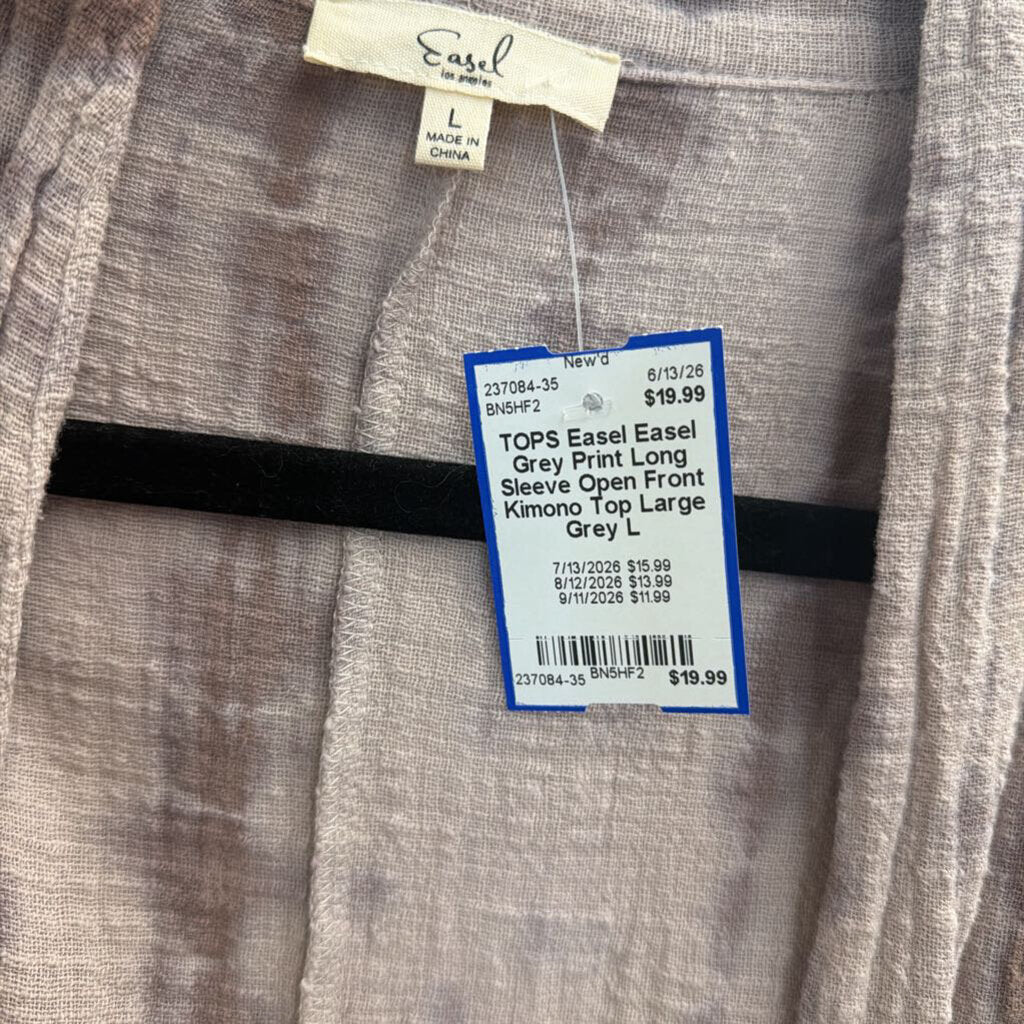 Easel Grey Print Long Sleeve Open Front Kimono Top Large