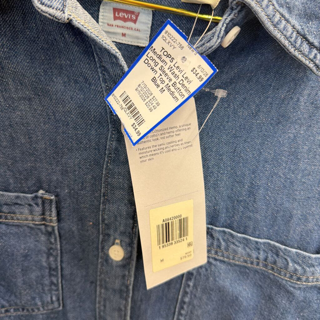 Levi Medium Wash Denim Long Sleeve Button Down Top Medium